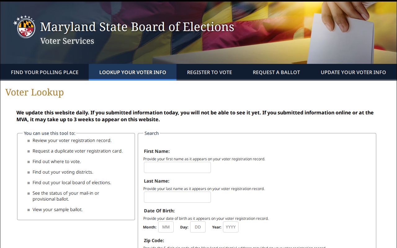 Fort Washington voter registration records lookup fields on the Maryland Voter Search form